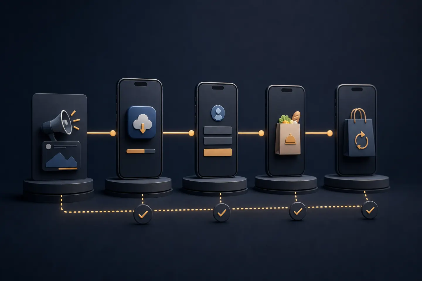 قياس رحلة الإعلان من الظهور إلى التثبيت والتسجيل والطلب والتكرار